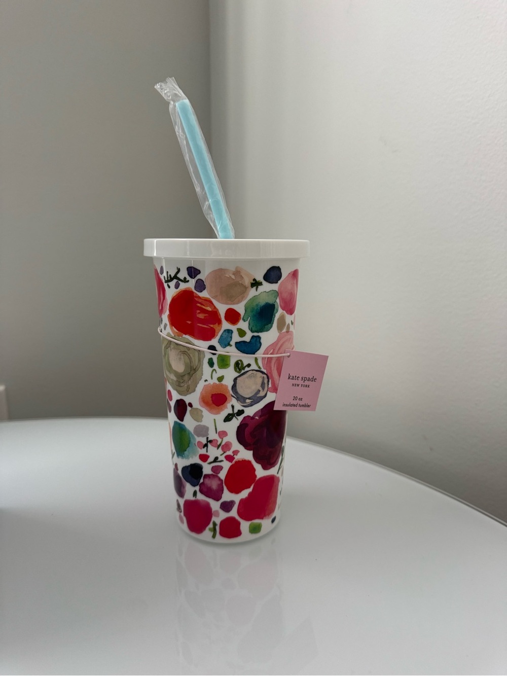 Kate Spade White & Pink Floral Insulated Tumbler Cup With Straw